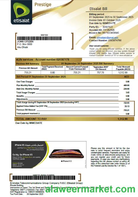 UAE Etisalat utility bill template in Word and PDF formats, version 2